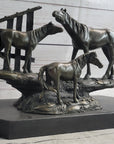 Horse Farm Horses Behind Stables Bronze Sculpture Statue Figure Equestrian Art Decor