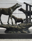 Horse Farm Horses Behind Stables Bronze Sculpture Statue Figure Equestrian Art Decor