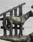 Horse Farm Horses Behind Stables Bronze Sculpture Statue Figure Equestrian Art Decor