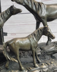 Horse Farm Horses Behind Stables Bronze Sculpture Statue Figure Equestrian Art Decor