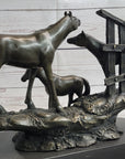 Horse Farm Horses Behind Stables Bronze Sculpture Statue Figure Equestrian Art Decor