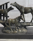 Horse Farm Horses Behind Stables Bronze Sculpture Statue Figure Equestrian Art Decor
