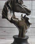 Necking Horses Bronze Bust Sculpture Statue Equestrian Decor Signed Original Art