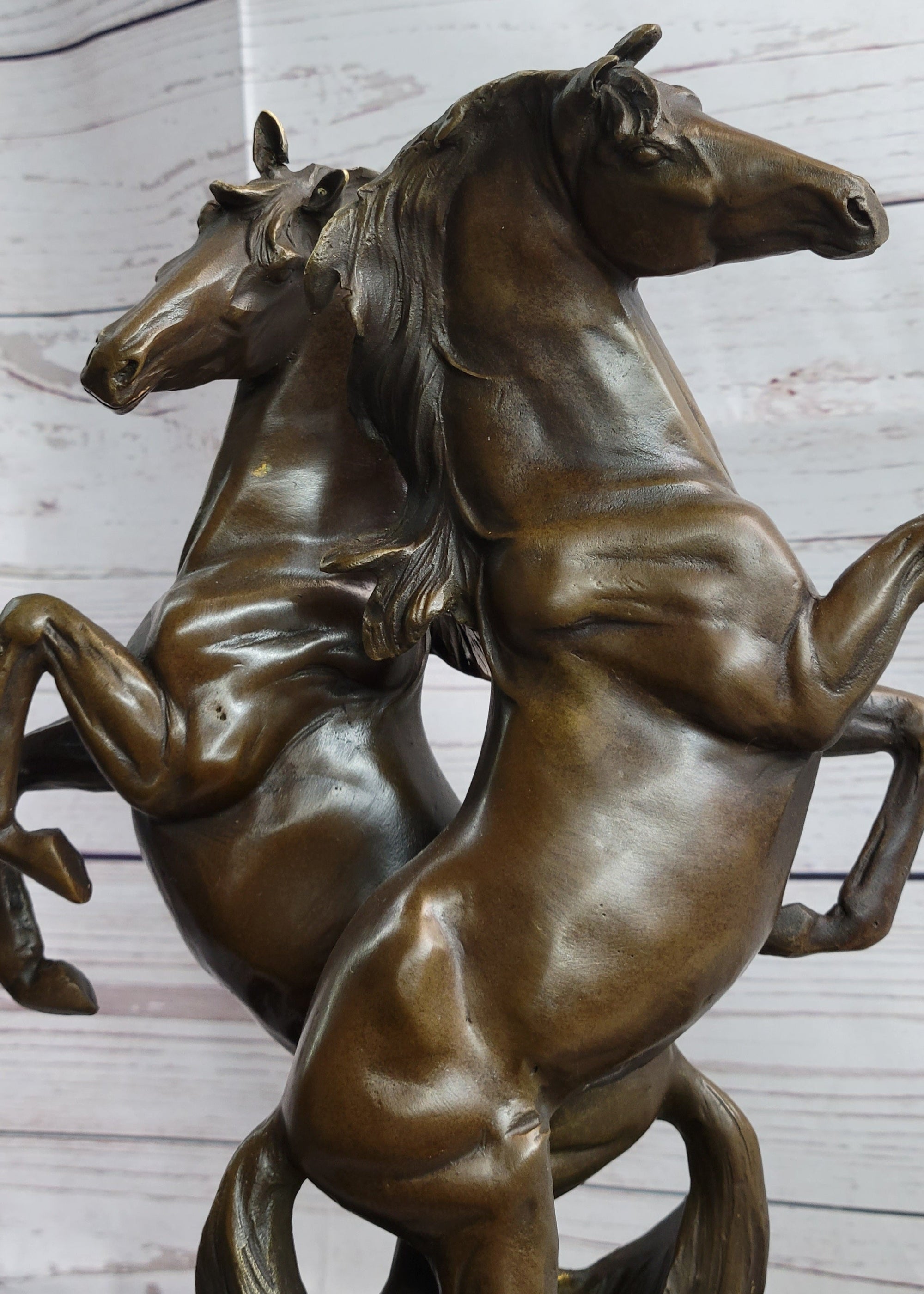 Two Rearing Stallions Horses Bronze Sculpture Statue Horse Lover Decor Signed Art on Marble Base