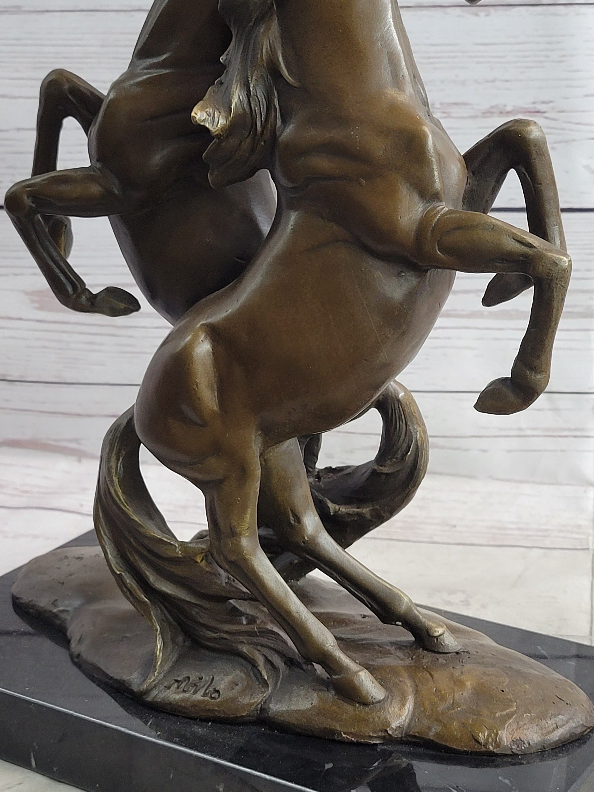 Two Rearing Stallions Horses Bronze Sculpture Statue Horse Lover Decor Signed Art on Marble Base