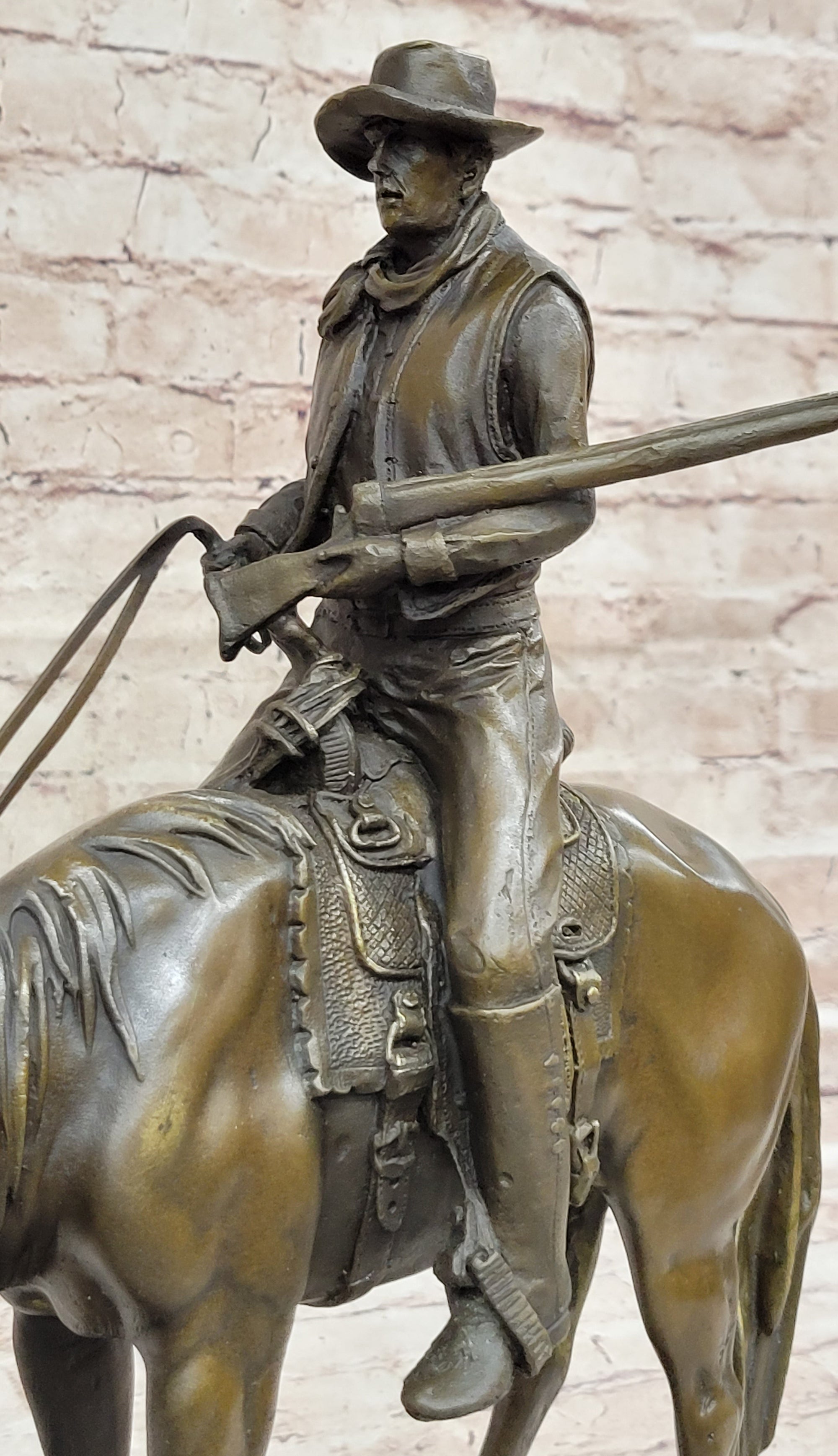 Western Cowboy on Horseback w/ Shotgun Bronze Sculpture Statue 16&quot; x 14&quot;