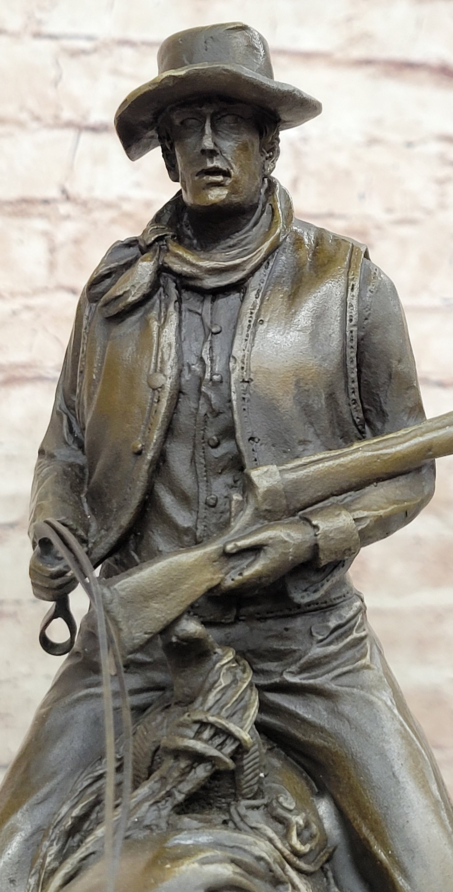 Western Cowboy on Horseback w/ Shotgun Bronze Sculpture Statue 16&quot; x 14&quot;