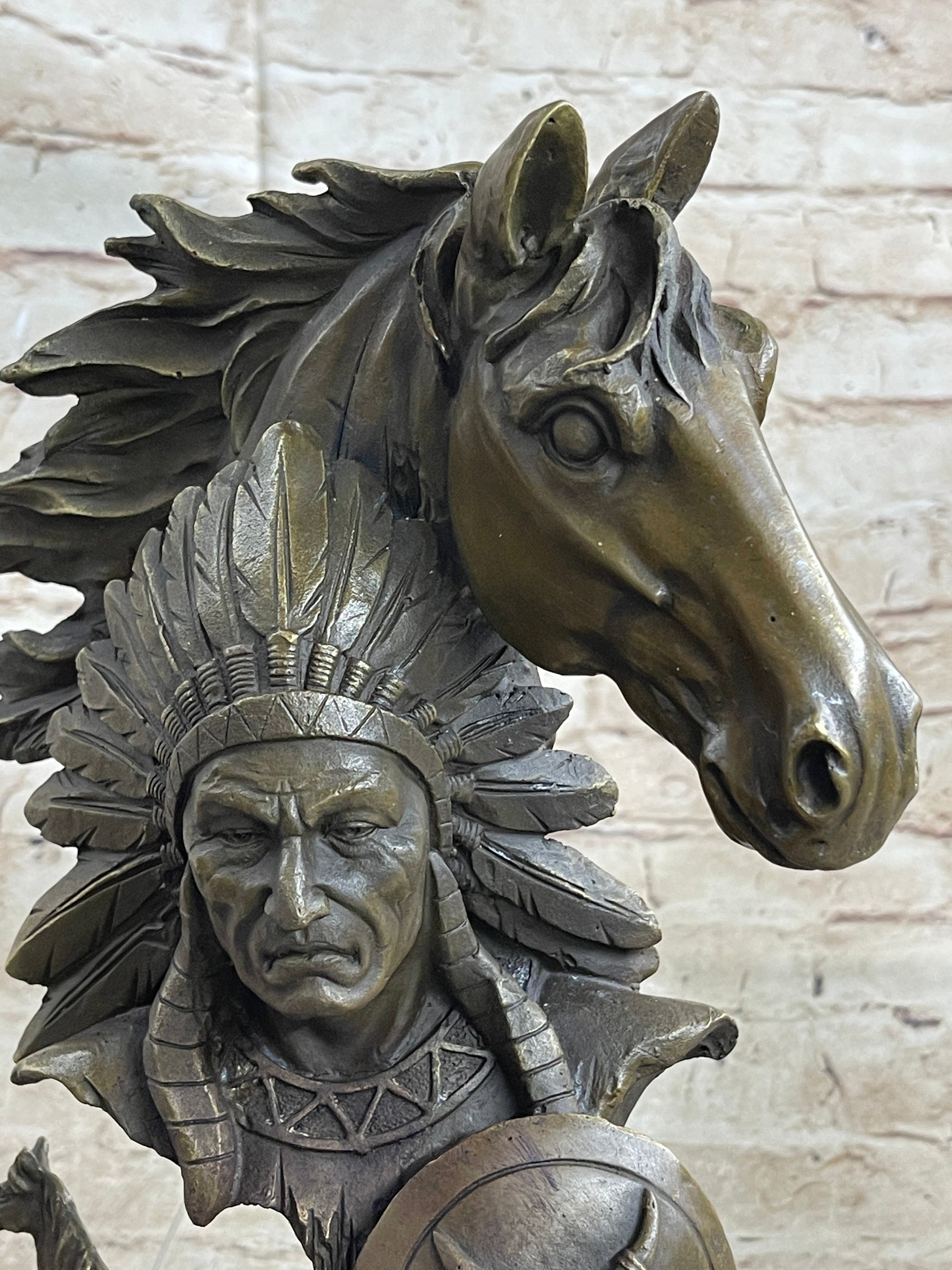 Native American Indian Bust w/ Horses Bronze Statue Sculpture Original Art Decor