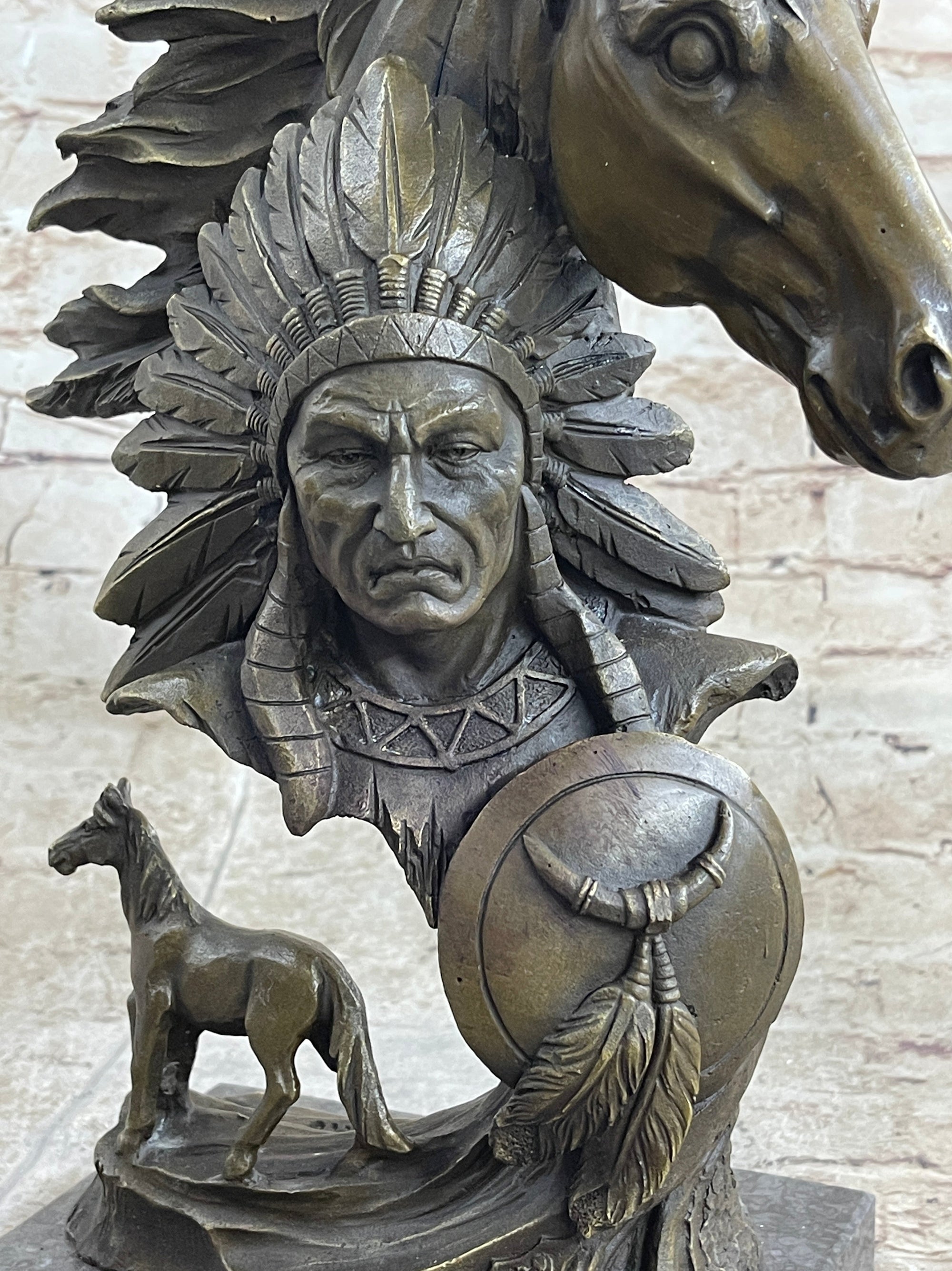 Native American Indian Bust w/ Horses Bronze Statue Sculpture Original Art Decor