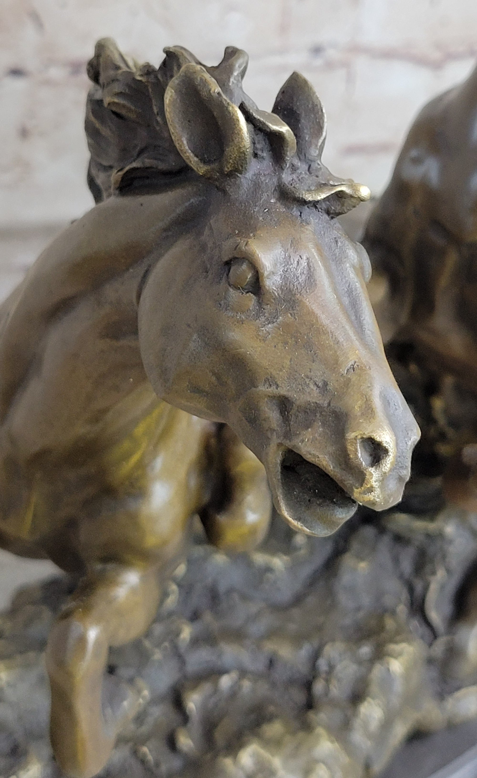 Pair of Wild Stallion Mustang Horses Bronze Statue Sculpture Figure Mene 14&quot; x 12&quot;