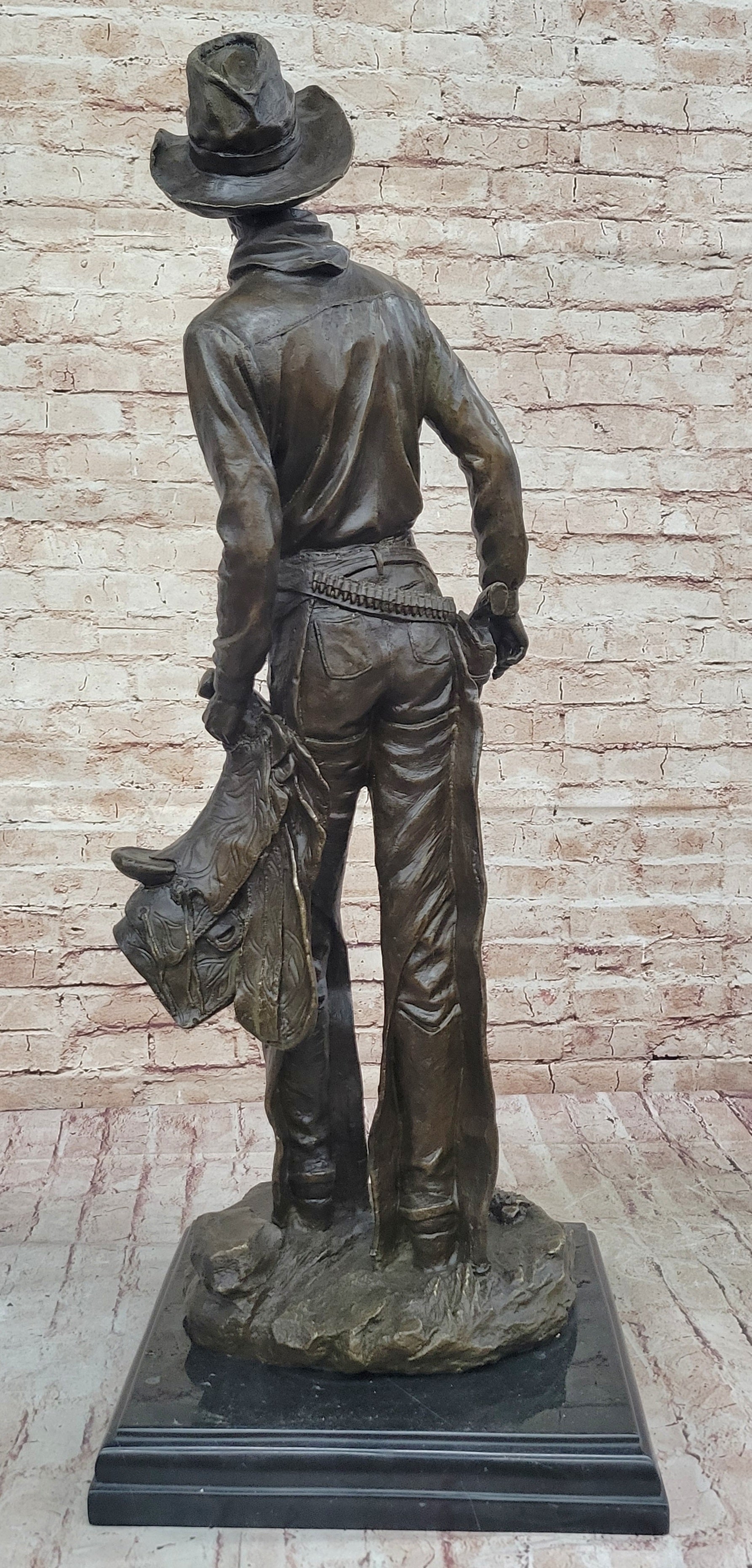 Tall Cowboy Holding Horse Saddle - Western Art Decor Bronze Sculpture Statue on Marble Base