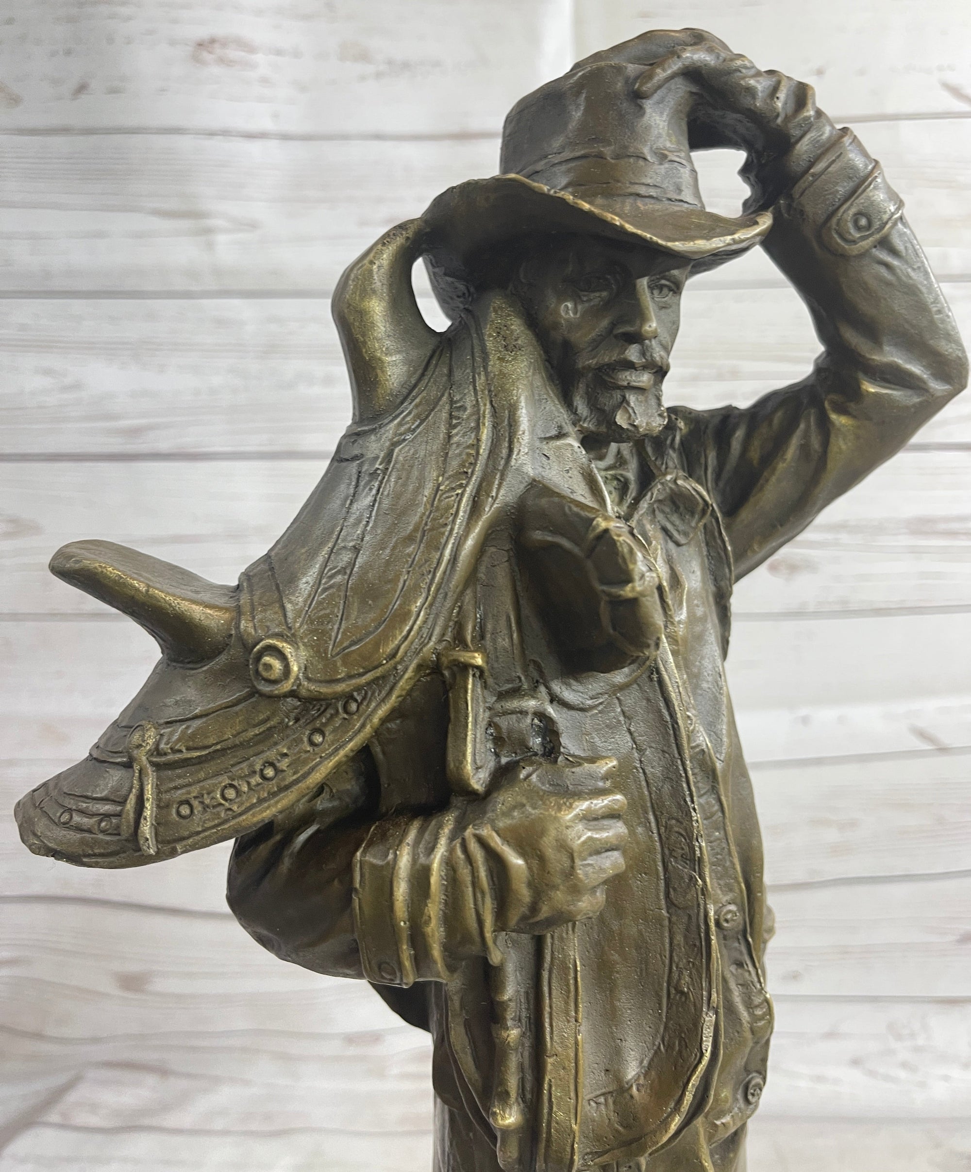 Country Western Cowboy Hauling Saddle Bronze Sculpture Statue Art Decor
