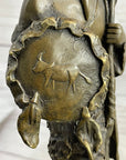 Native American Warrior w/ Tomahawk Bronze Sculpture Statue on Marble Base