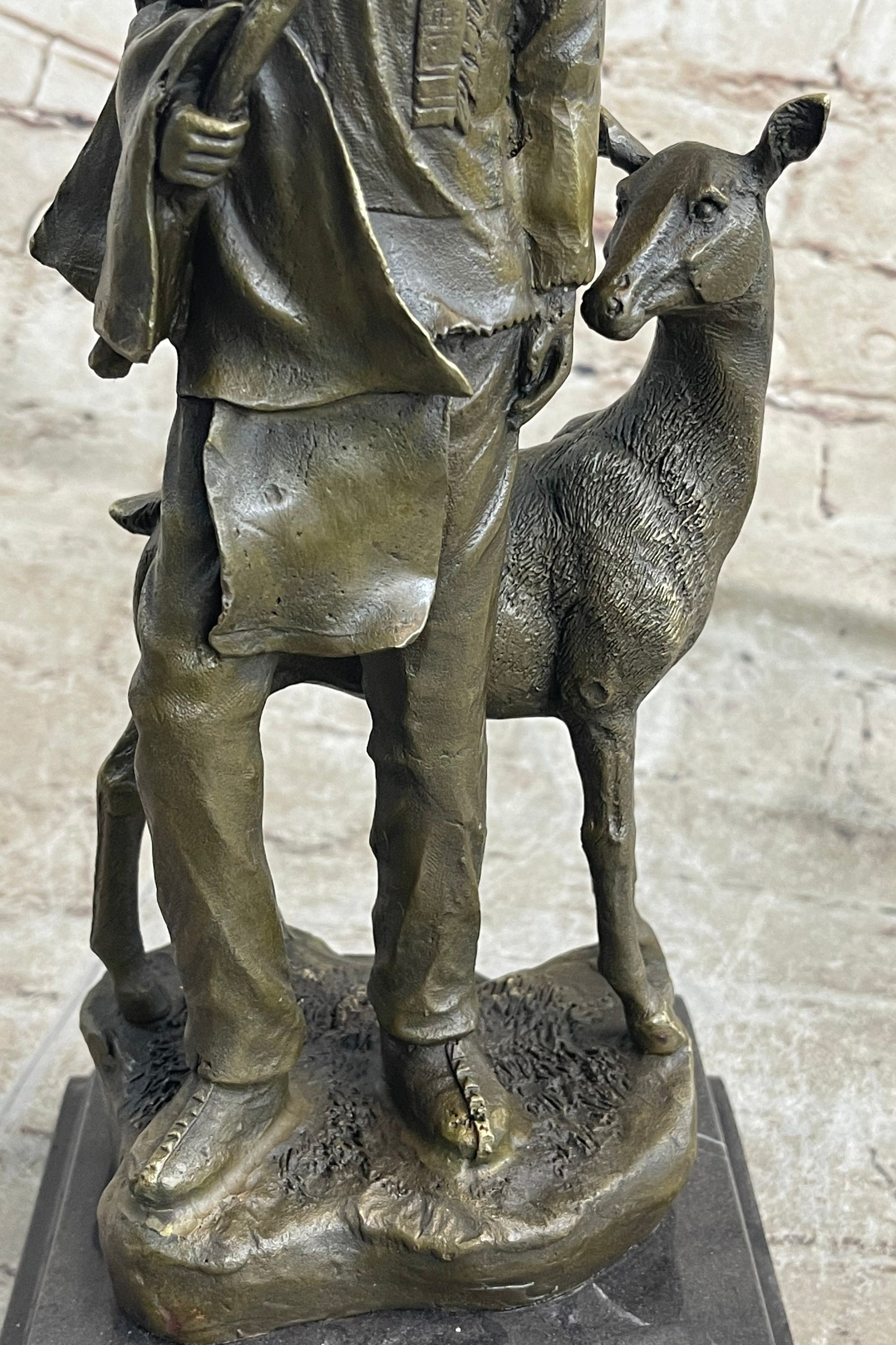 Native American Man w/ Deer Bronze Figure Statue Sculpture Signed Original Art 12&quot; x 5&quot;