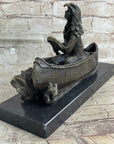 Native American Indian Man in Canoe Bronze Statue Sculpture Figure 7" x 10"
