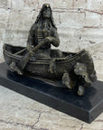 Native American Indian Man in Canoe Bronze Statue Sculpture Figure 7" x 10"