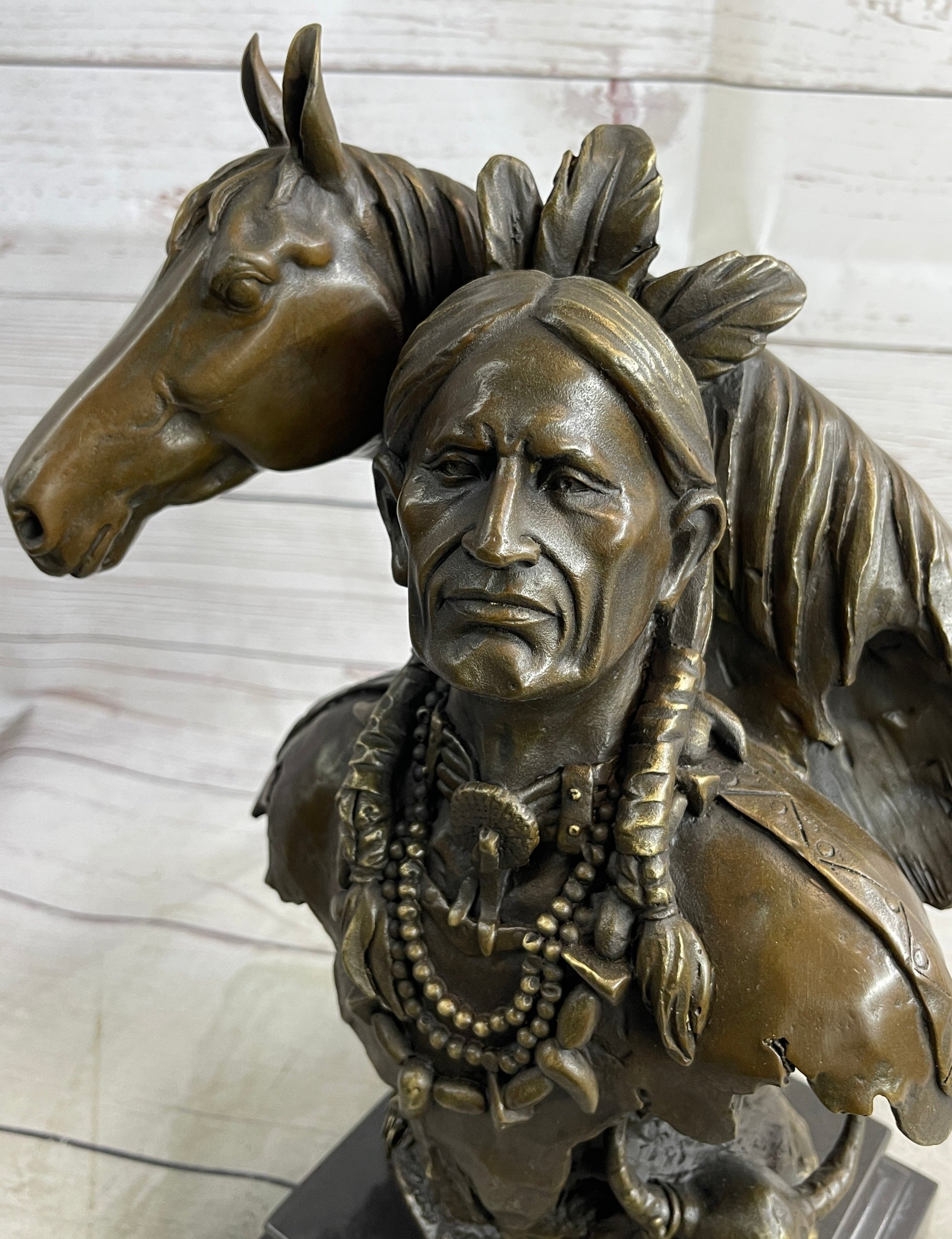 Native American Man &amp; Horse Bronze Bust Statue Sculpture Western Art 14&quot; x 10&quot;