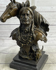Native American Man & Horse Bronze Bust Statue Sculpture Western Art 14" x 10"