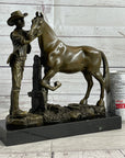 Cowboy Rancher Tending Horse Bronze Statue Sculpture Figure Western Decor 11" x 12"
