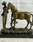 Cowboy Rancher Tending Horse Bronze Statue Sculpture Figure Western Decor 11" x 12"