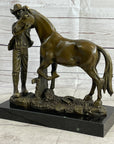 Cowboy Rancher Tending Horse Bronze Statue Sculpture Figure Western Decor 11" x 12"