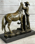 Cowboy Rancher Tending Horse Bronze Statue Sculpture Figure Western Decor 11" x 12"