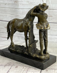 Cowboy Rancher Tending Horse Bronze Statue Sculpture Figure Western Decor 11" x 12"
