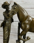 Cowboy Rancher Tending Horse Bronze Statue Sculpture Figure Western Decor 11" x 12"