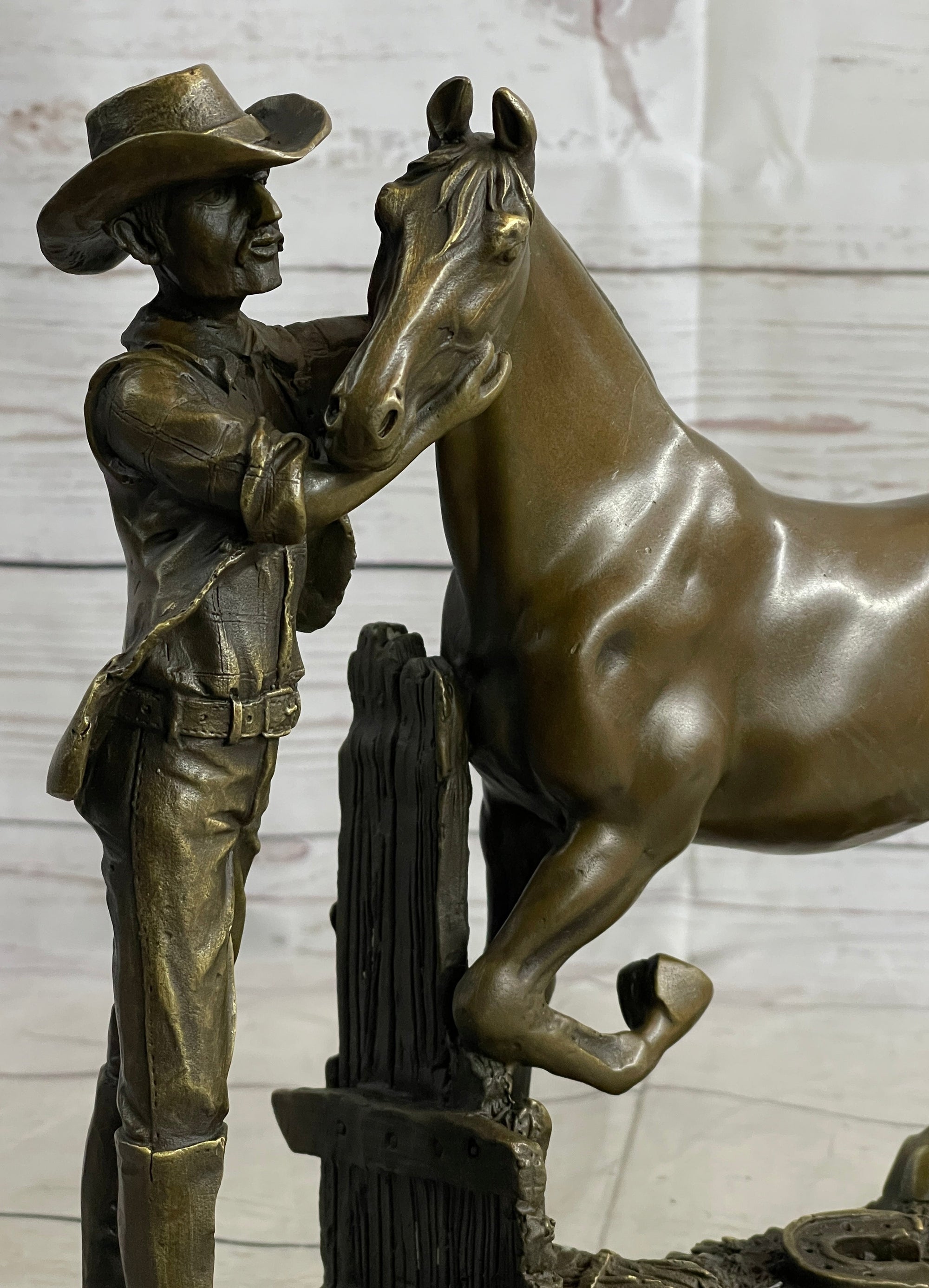 Cowboy Rancher Tending Horse Bronze Statue Sculpture Figure Western Decor 11&quot; x 12&quot;