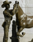 Cowboy Rancher Tending Horse Bronze Statue Sculpture Figure Western Decor 11" x 12"