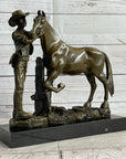 Cowboy Rancher Tending Horse Bronze Statue Sculpture Figure Western Decor 11" x 12"
