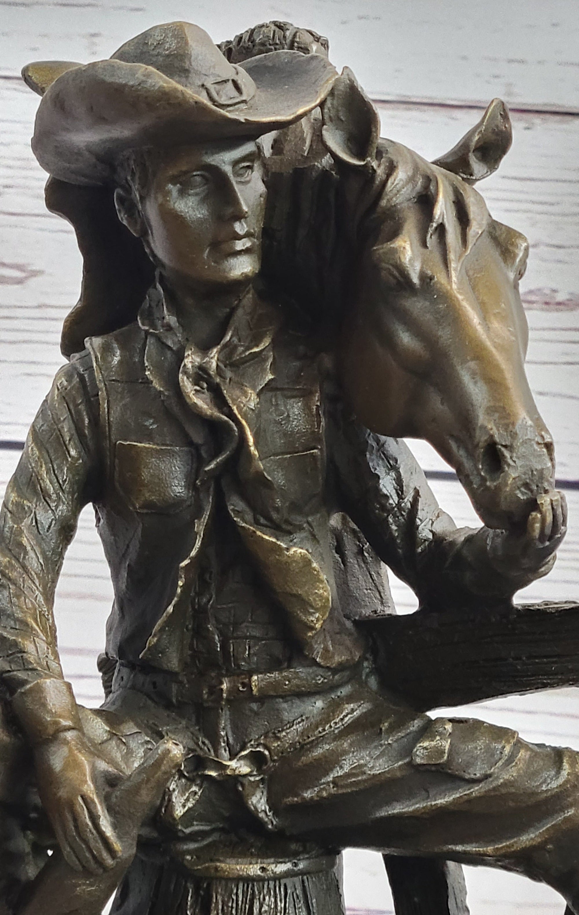 Cowboy &amp; Horse Sitting Having a Drink Bronze Statue Sculpture Country Western