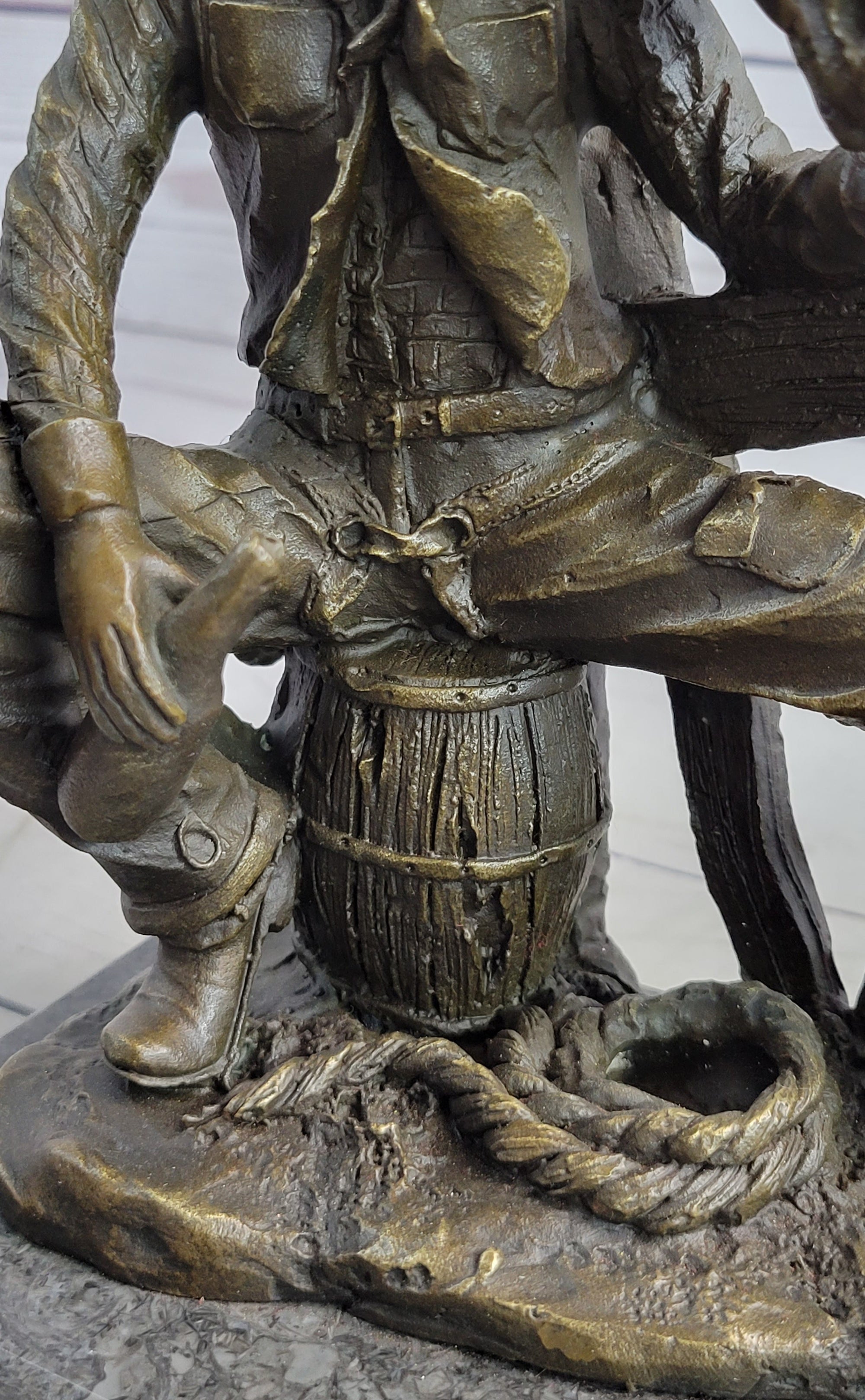 Cowboy &amp; Horse Sitting Having a Drink Bronze Statue Sculpture Country Western