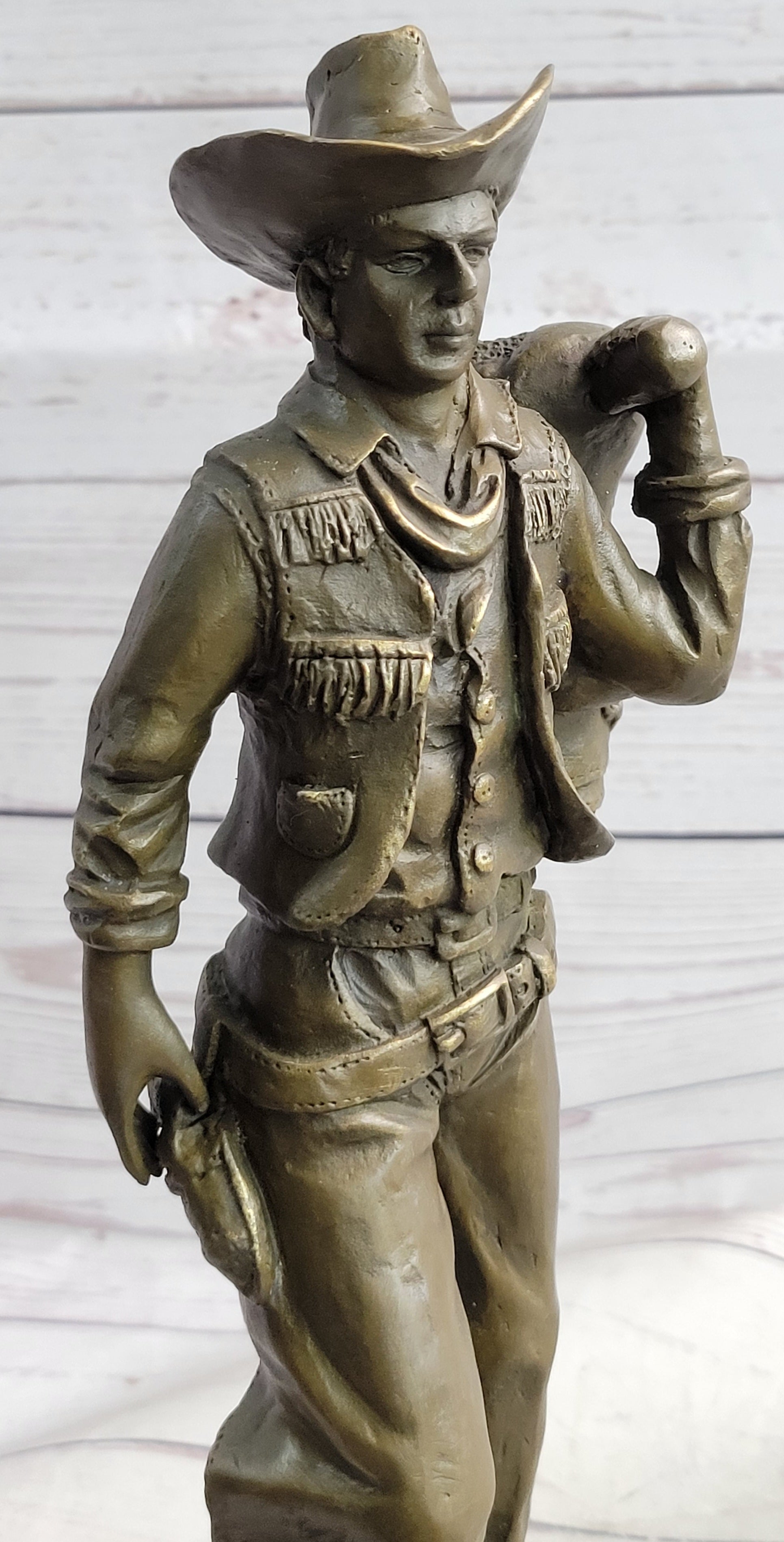 Country Western Cowboy in Chaps Carrying Horse Saddle Bronze Statue Sculpture Figure 12&quot; x 4&quot;