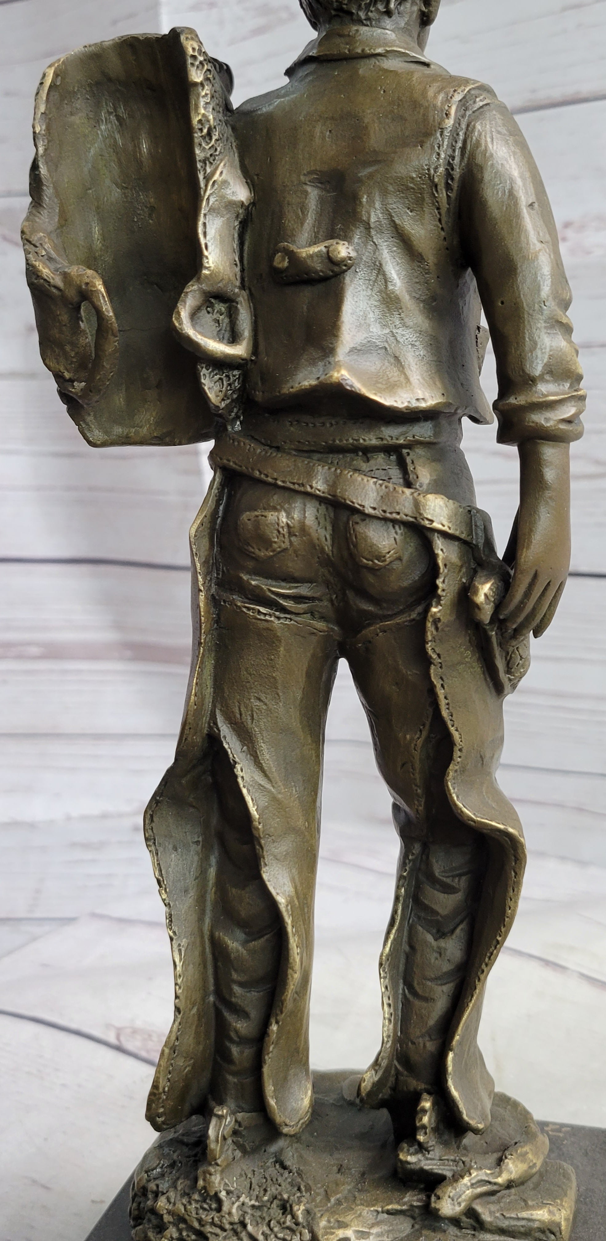 Country Western Cowboy in Chaps Carrying Horse Saddle Bronze Statue Sculpture Figure 12&quot; x 4&quot;