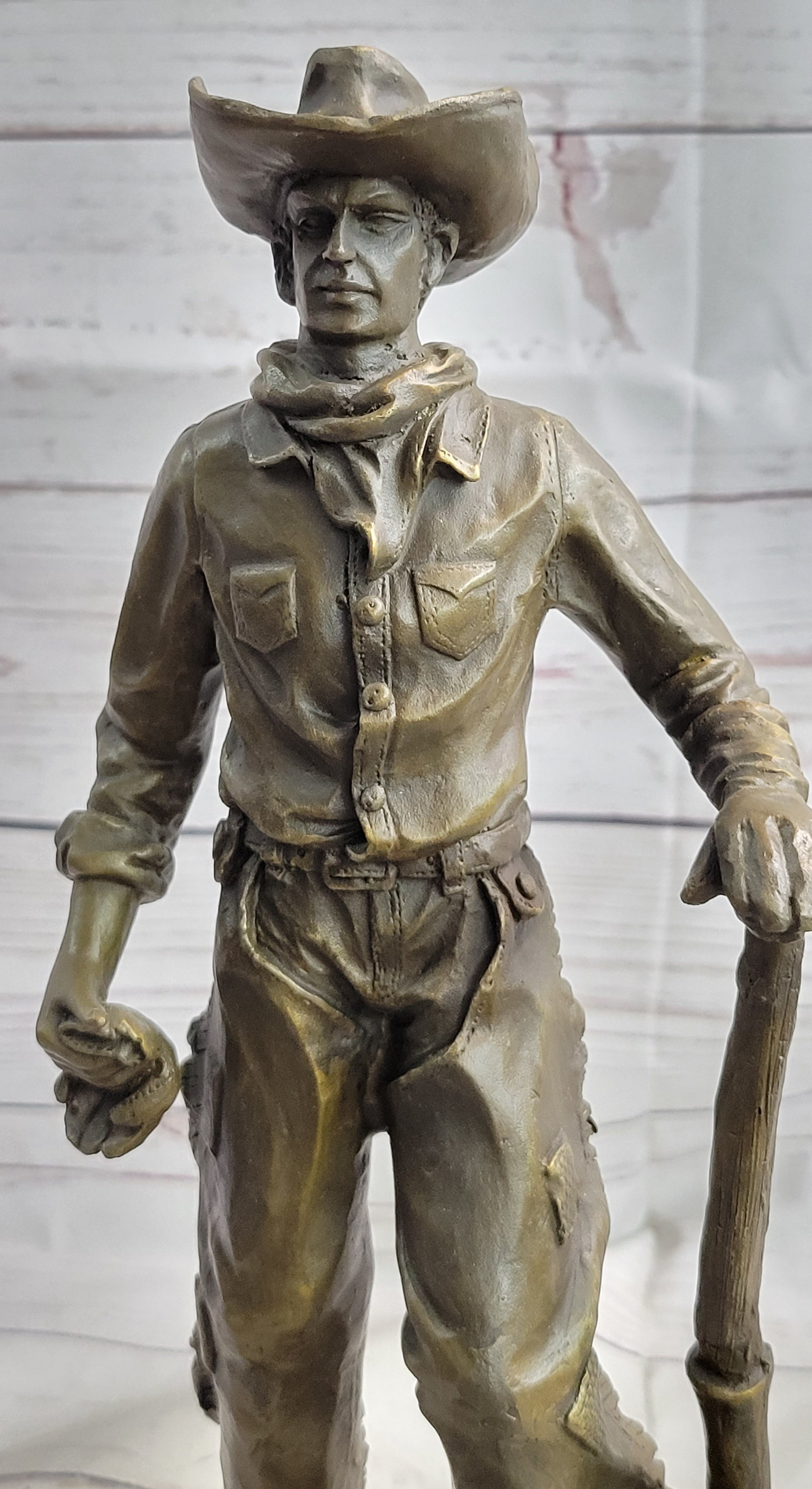 Cowboy in Chaps Holding Shovel Bronze Statue Sculpture Figure Country Western 12&quot; x 5&quot;