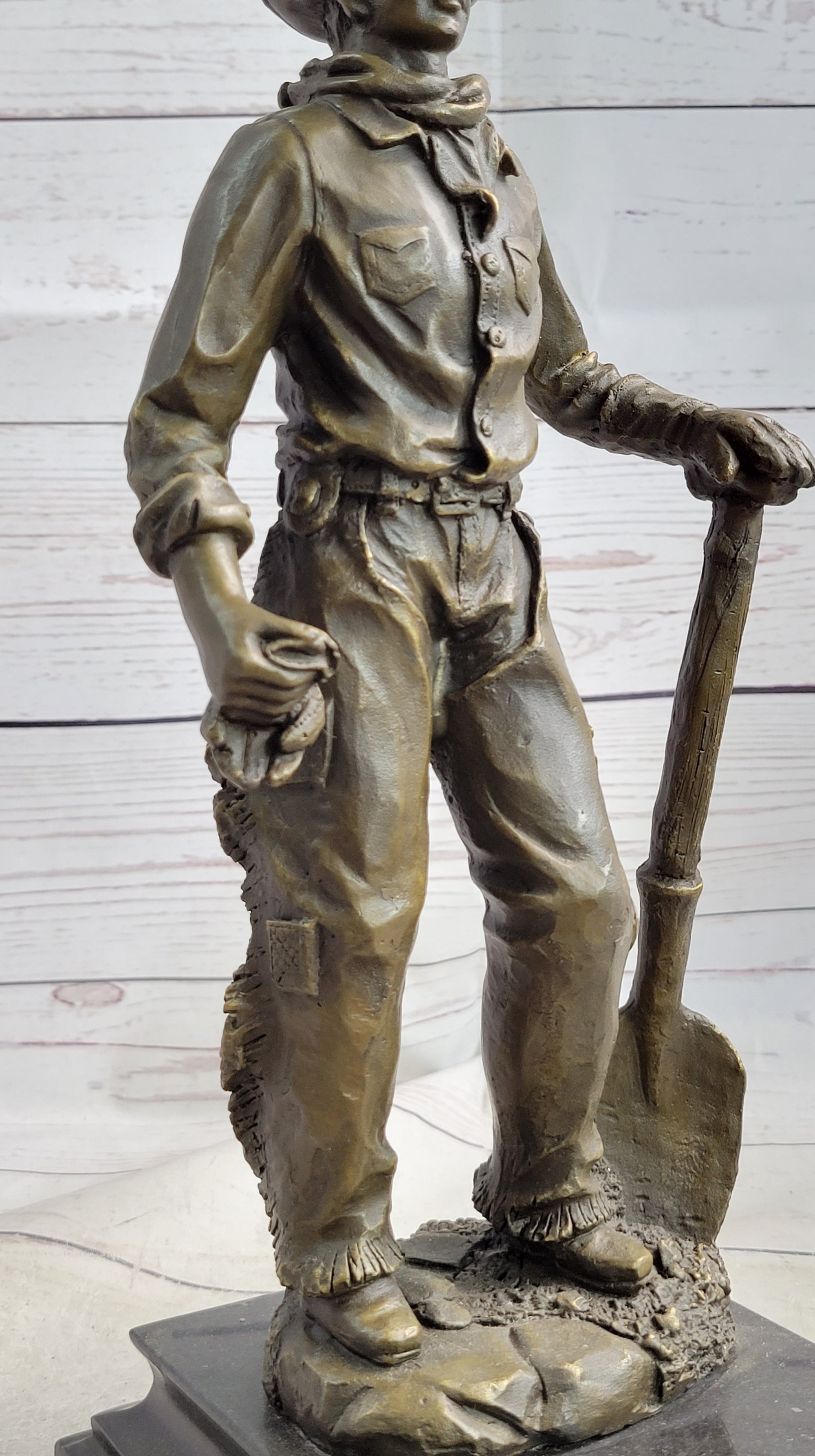 Cowboy in Chaps Holding Shovel Bronze Statue Sculpture Figure Country Western 12&quot; x 5&quot;