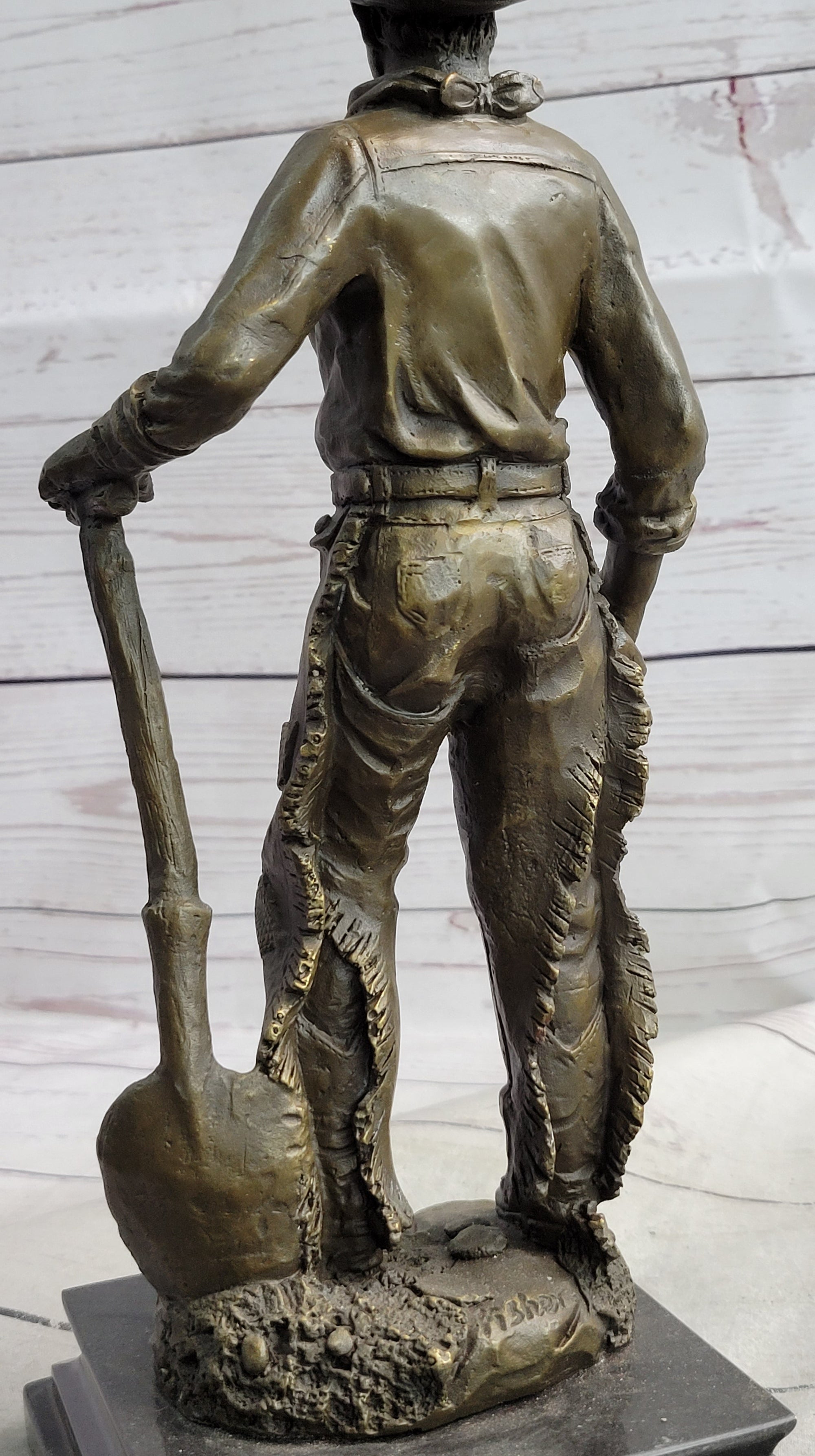 Cowboy in Chaps Holding Shovel Bronze Statue Sculpture Figure Country Western 12&quot; x 5&quot;