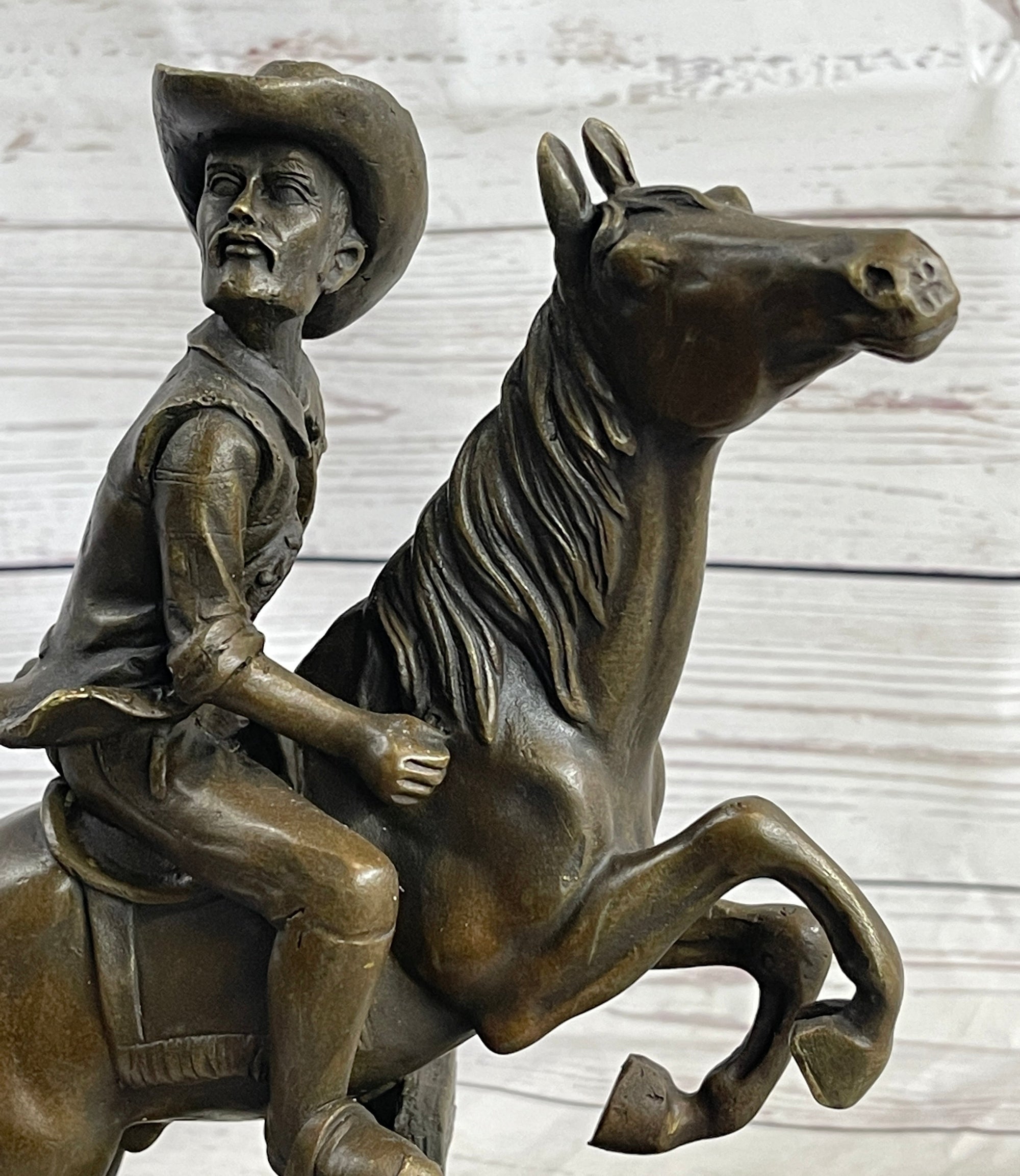 Cowboy on Horseback Hopping a Fence Bronze Sculpture Statue Western Decor