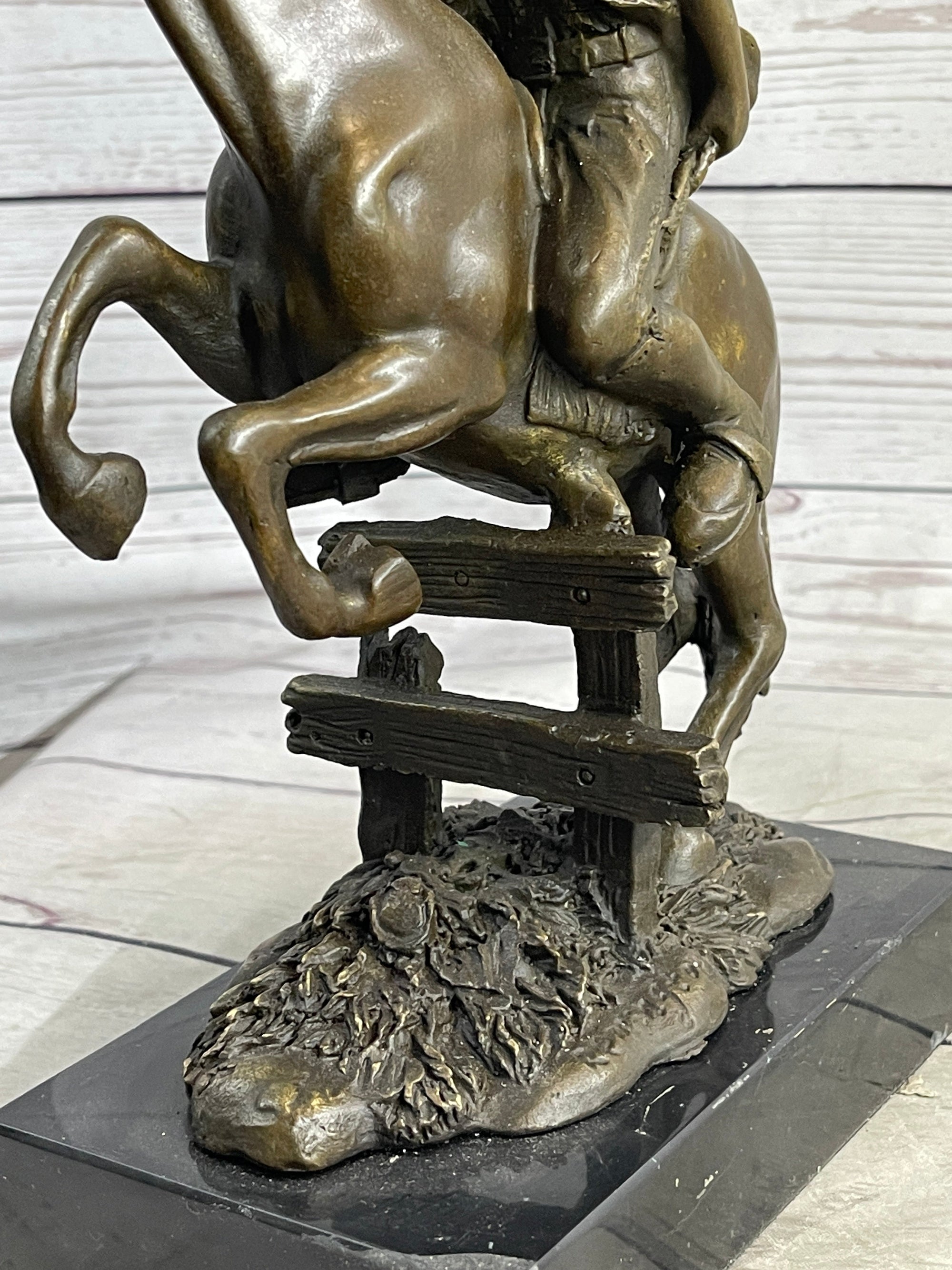 Cowboy on Horseback Hopping a Fence Bronze Sculpture Statue Western Decor