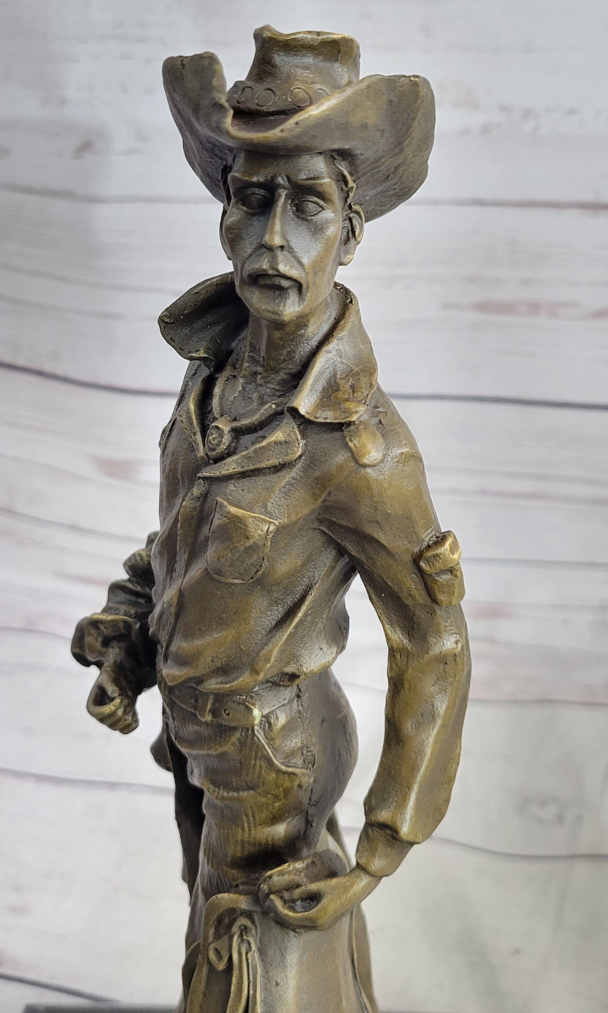 Cowboy Holding Horse Saddle Bronze Statue Sculpture Figure Western 13&quot; x 6&quot;
