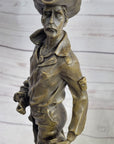 Cowboy Holding Horse Saddle Bronze Statue Sculpture Figure Western 13" x 6"