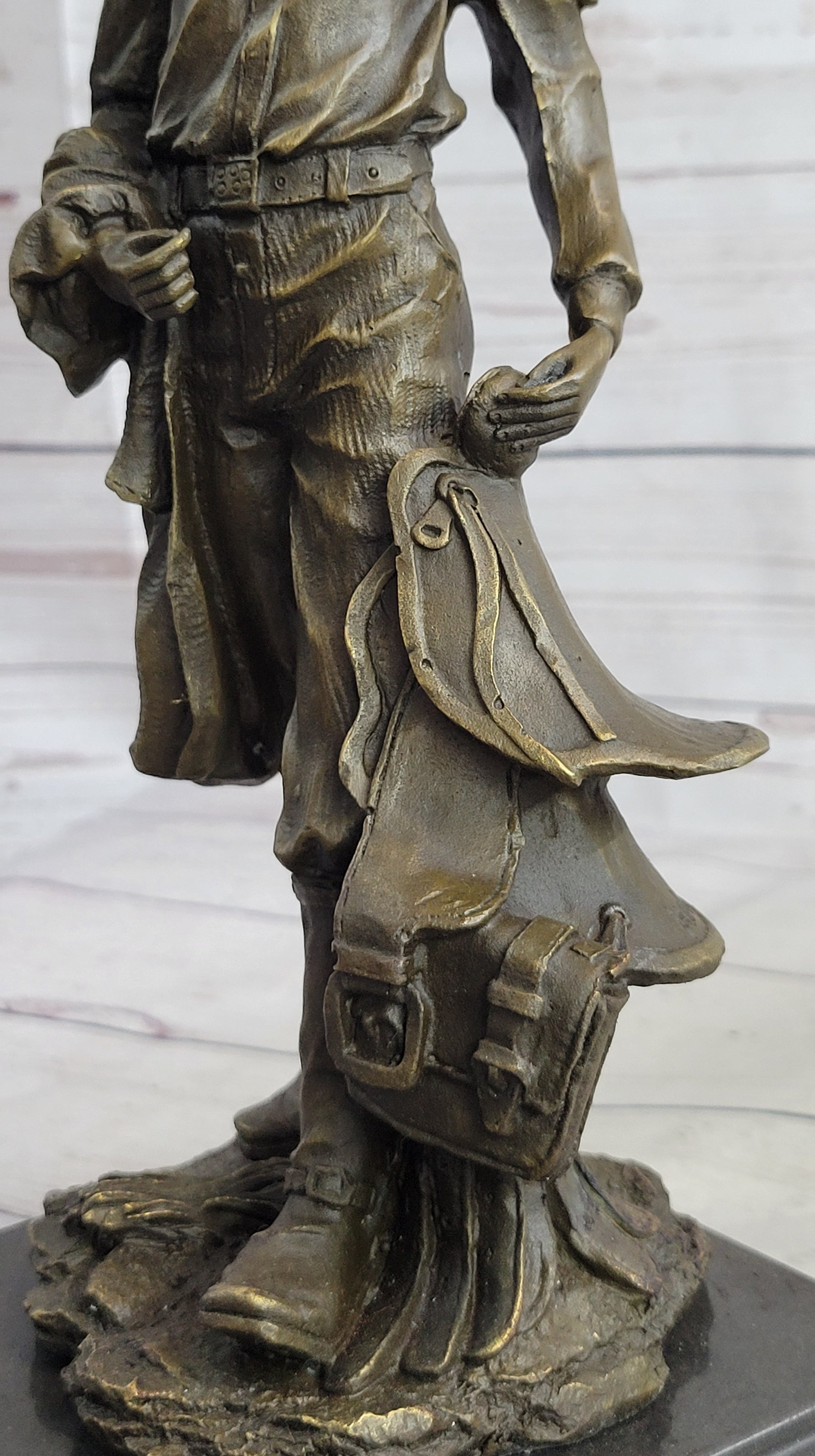 Cowboy Holding Horse Saddle Bronze Statue Sculpture Figure Western 13&quot; x 6&quot;