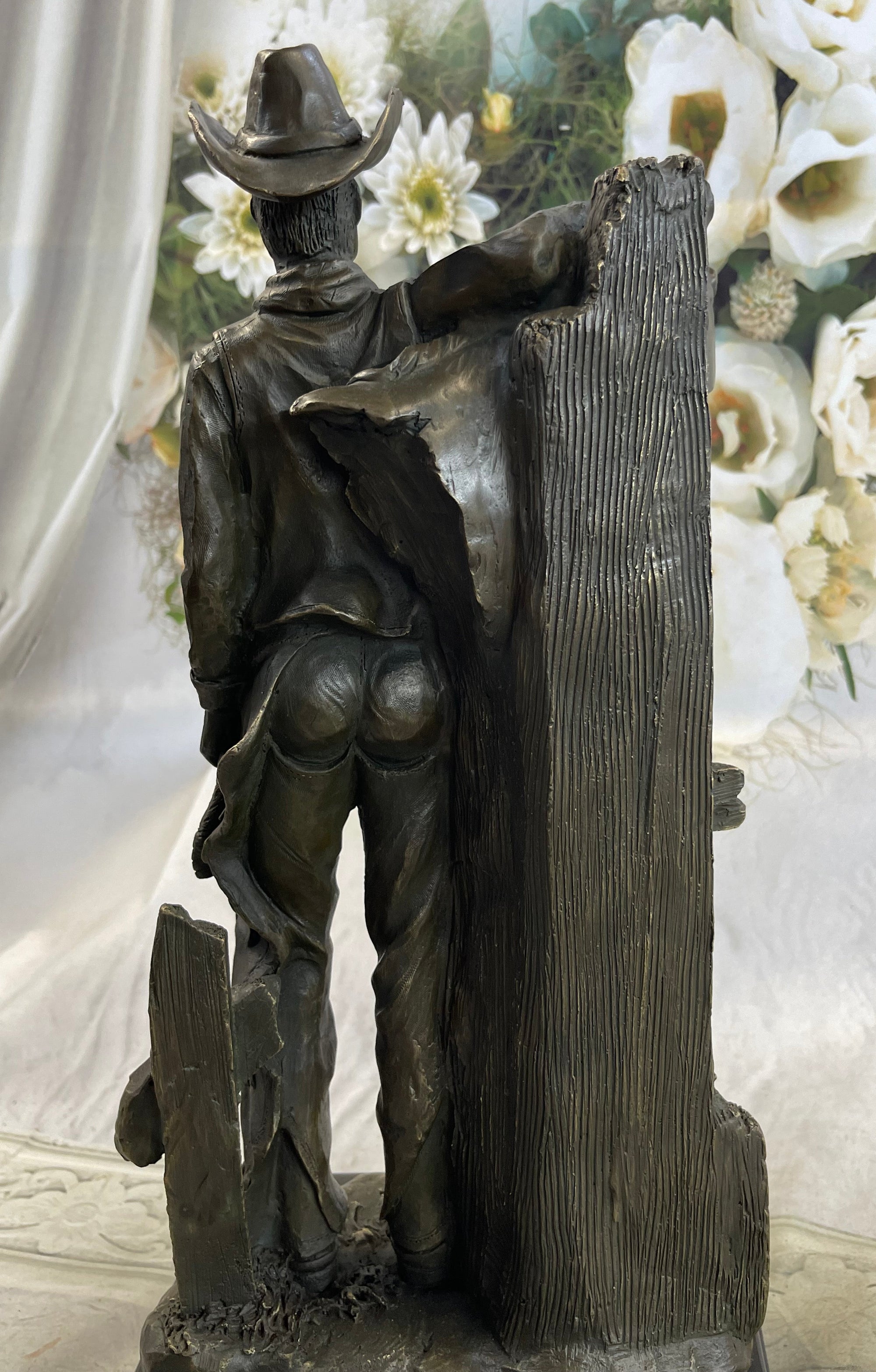 Cowboy Saddling Horse Stables Barn Bronze Statue Sculpture Figure 16&quot; x 8&quot;