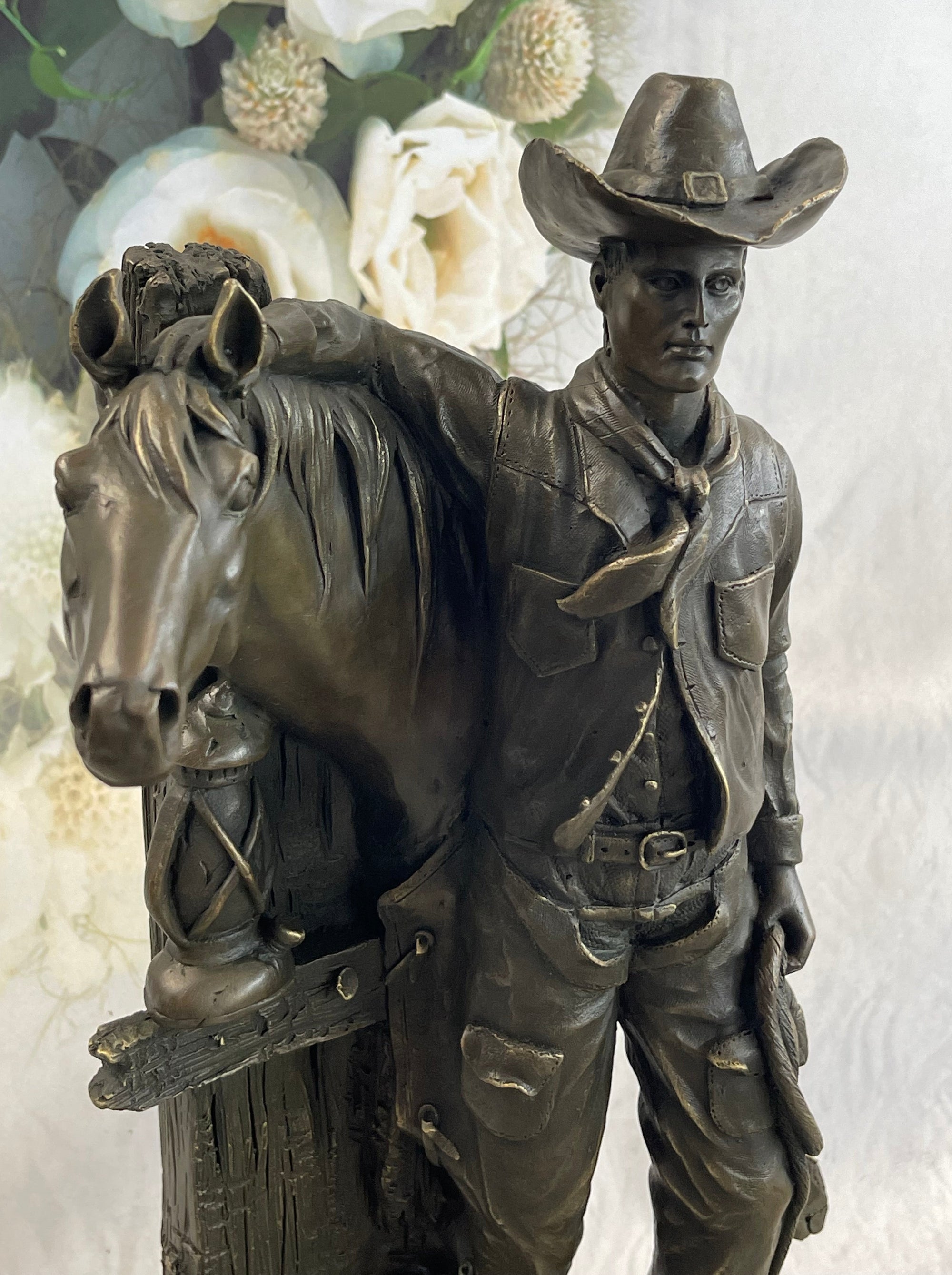 Cowboy Saddling Horse Stables Barn Bronze Statue Sculpture Figure 16&quot; x 8&quot;