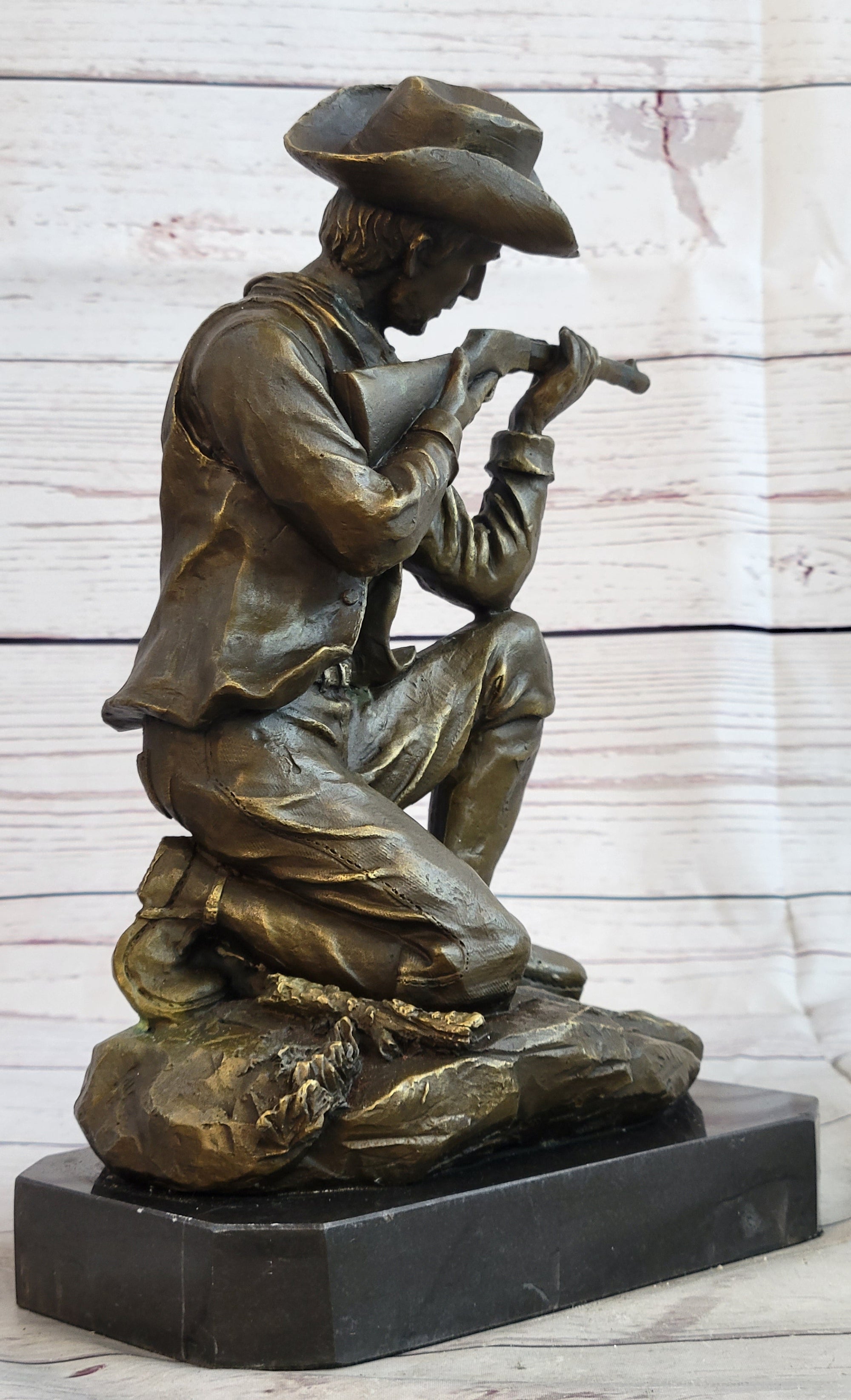 Bronze Figure of a Kneeling Ranger With Rifle Cowboy Theme Sculpture Statue 11&quot; x 8&quot;