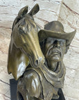 Western Art Old West Cowboy With Horse Bronze Bust Sculpture Marble Statue Decor