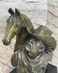 Western Art Old West Cowboy With Horse Bronze Bust Sculpture Marble Statue Decor