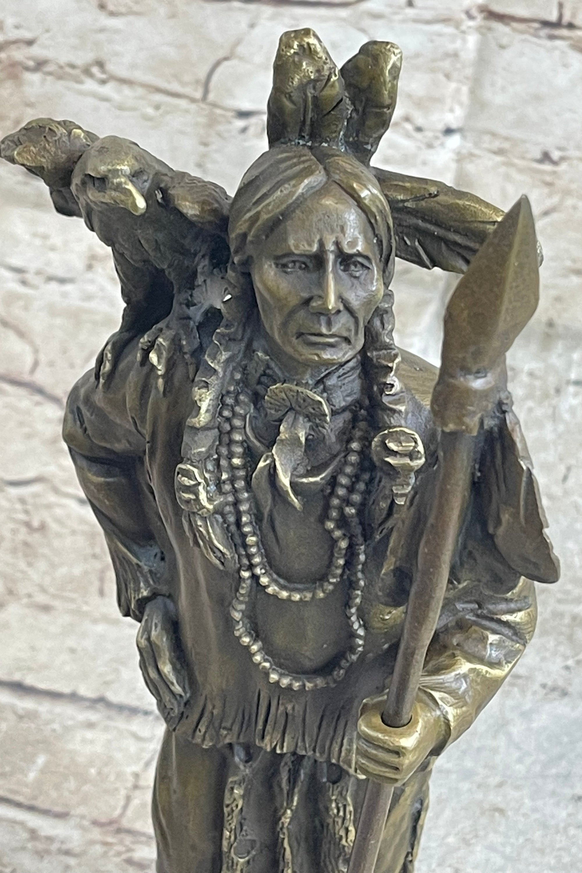 Native American Warrior and Eagle Sculpture Signed Original M. Lopez Bronze
