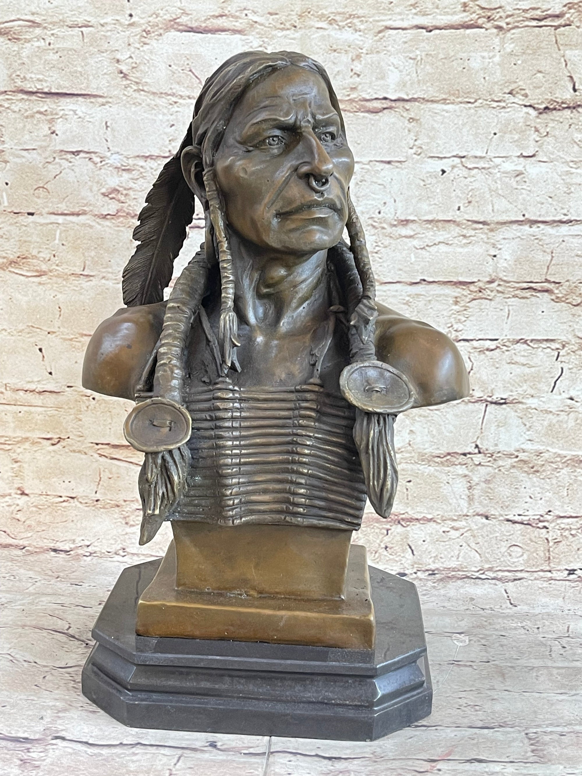 Native American Warrior Chief Bronze Bust Sculpture Art Statue Figure Figurine